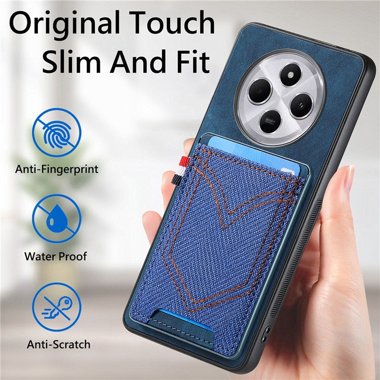 Phone Case For Xiaomi Redmi 14C 4G / 14R 5G / Poco C75 4G Retro Jean Cloth Texture Leather Back Cover Card Holder - Blue