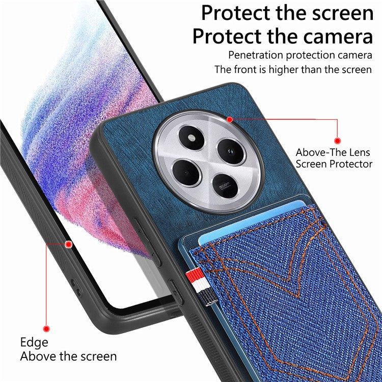 Phone Case For Xiaomi Redmi 14C 4G / 14R 5G / Poco C75 4G Retro Jean Cloth Texture Leather Back Cover Card Holder - Blue