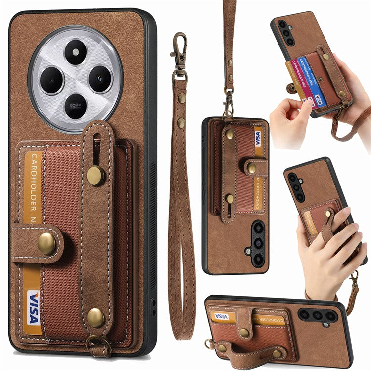 Phone Case For Xiaomi Redmi 14C 4G / 14R 5G / Poco C75 4G Wristband Kickstand PU Leather Retro Back Cover Card Holder - Brown