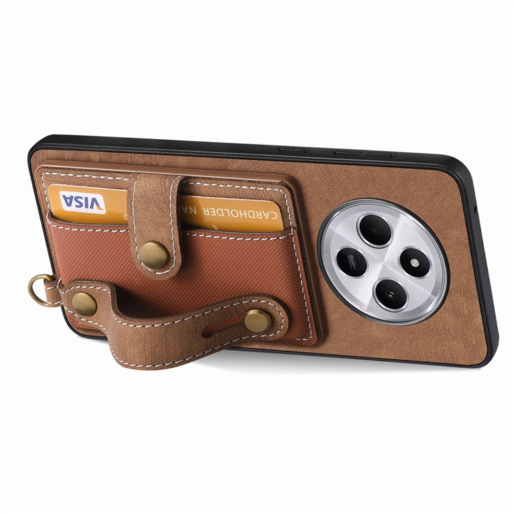 Phone Case For Xiaomi Redmi 14C 4G / 14R 5G / Poco C75 4G Wristband Kickstand PU Leather Retro Back Cover Card Holder - Brown