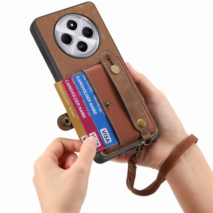 Phone Case For Xiaomi Redmi 14C 4G / 14R 5G / Poco C75 4G Wristband Kickstand PU Leather Retro Back Cover Card Holder - Brown