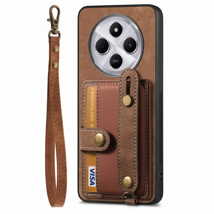 Phone Case For Xiaomi Redmi 14C 4G / 14R 5G / Poco C75 4G Wristband Kickstand PU Leather Retro Back Cover Card Holder - Brown