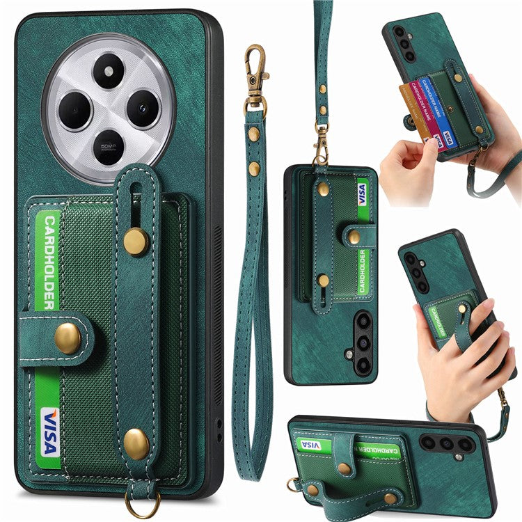 Phone Case For Xiaomi Redmi 14C 4G / 14R 5G / Poco C75 4G Wristband Kickstand PU Leather Retro Back Cover Card Holder - Green