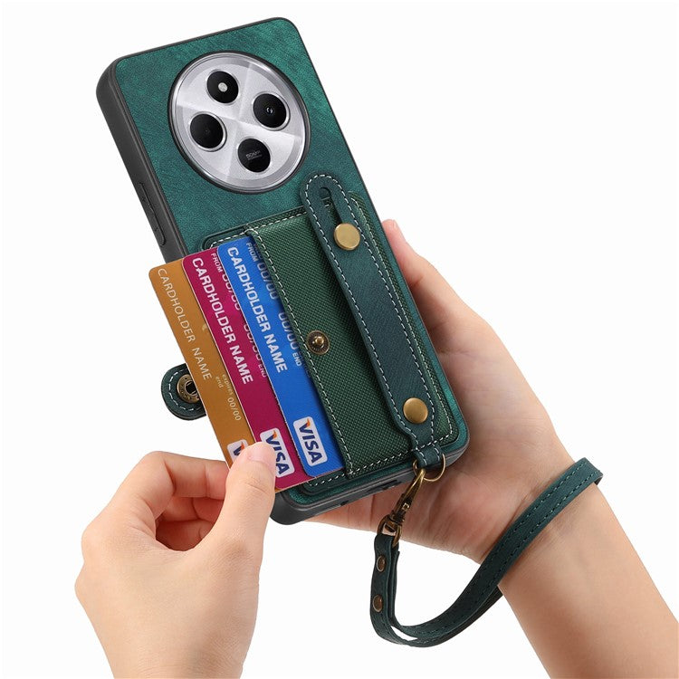 Phone Case For Xiaomi Redmi 14C 4G / 14R 5G / Poco C75 4G Wristband Kickstand PU Leather Retro Back Cover Card Holder - Green