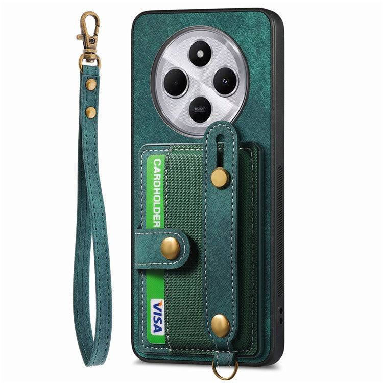 Phone Case For Xiaomi Redmi 14C 4G / 14R 5G / Poco C75 4G Wristband Kickstand PU Leather Retro Back Cover Card Holder - Green