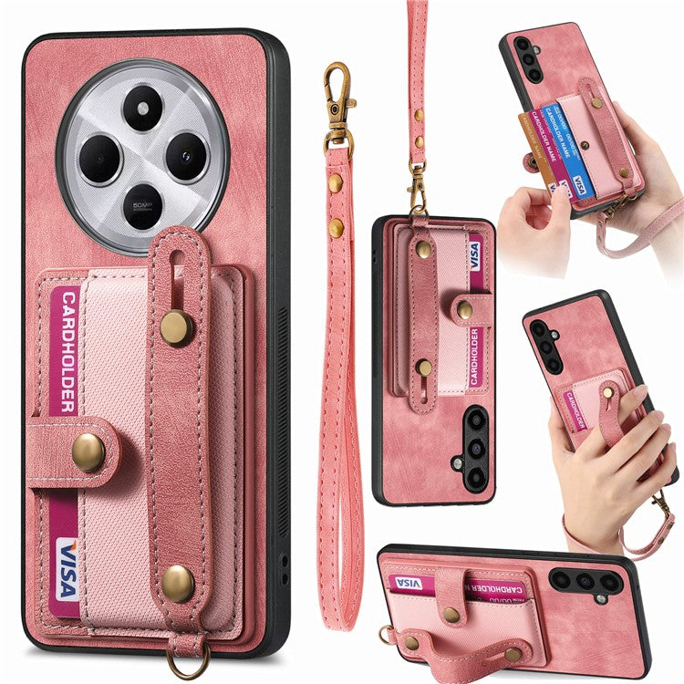 Phone Case For Xiaomi Redmi 14C 4G / 14R 5G / Poco C75 4G Wristband Kickstand PU Leather Retro Back Cover Card Holder - Pink