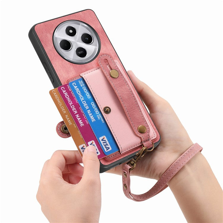 Phone Case For Xiaomi Redmi 14C 4G / 14R 5G / Poco C75 4G Wristband Kickstand PU Leather Retro Back Cover Card Holder - Pink