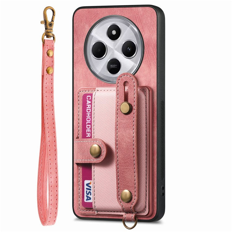 Phone Case For Xiaomi Redmi 14C 4G / 14R 5G / Poco C75 4G Wristband Kickstand PU Leather Retro Back Cover Card Holder - Pink