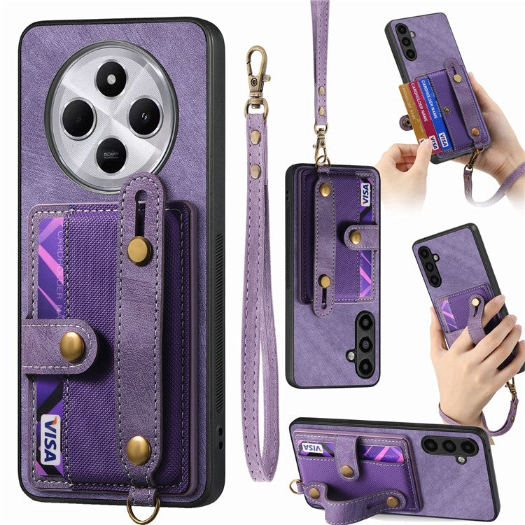 Phone Case For Xiaomi Redmi 14C 4G / 14R 5G / Poco C75 4G Wristband Kickstand PU Leather Retro Back Cover Card Holder - Purple