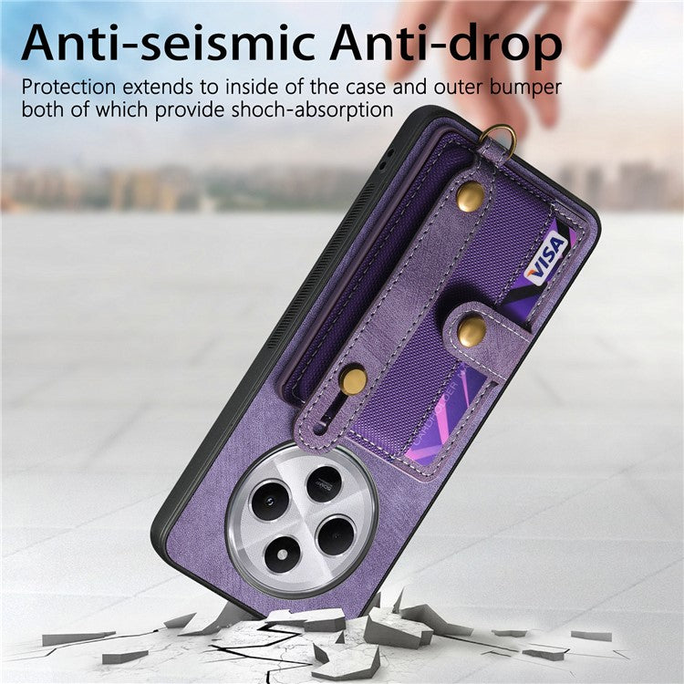 Phone Case For Xiaomi Redmi 14C 4G / 14R 5G / Poco C75 4G Wristband Kickstand PU Leather Retro Back Cover Card Holder - Purple