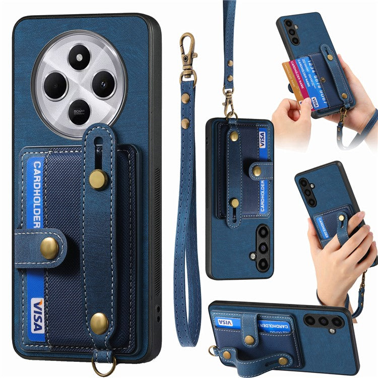 Phone Case For Xiaomi Redmi 14C 4G / 14R 5G / Poco C75 4G Wristband Kickstand PU Leather Retro Back Cover Card Holder - Blue