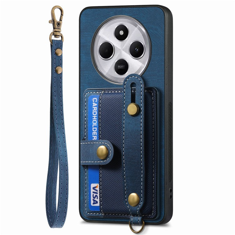 Phone Case For Xiaomi Redmi 14C 4G / 14R 5G / Poco C75 4G Wristband Kickstand PU Leather Retro Back Cover Card Holder - Blue