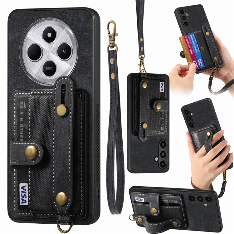 Phone Case For Xiaomi Redmi 14C 4G / 14R 5G / Poco C75 4G Wristband Kickstand PU Leather Retro Back Cover Card Holder - Black