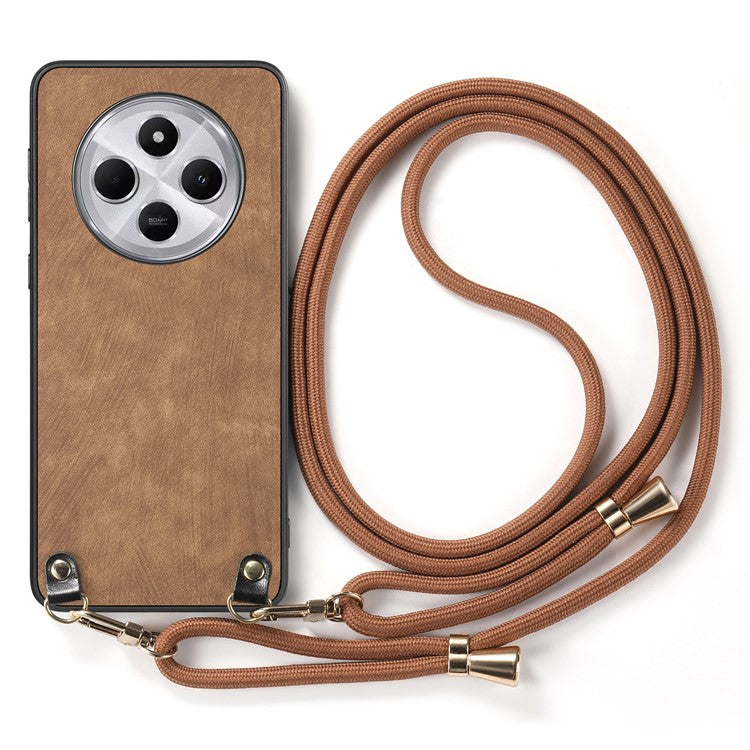 Retro Texture Phone Case For Xiaomi Redmi 14C 4G / 14R 5G / Poco C75 4G Leather Coated PC+TPU Back Cover with Hanging Rope - Brown