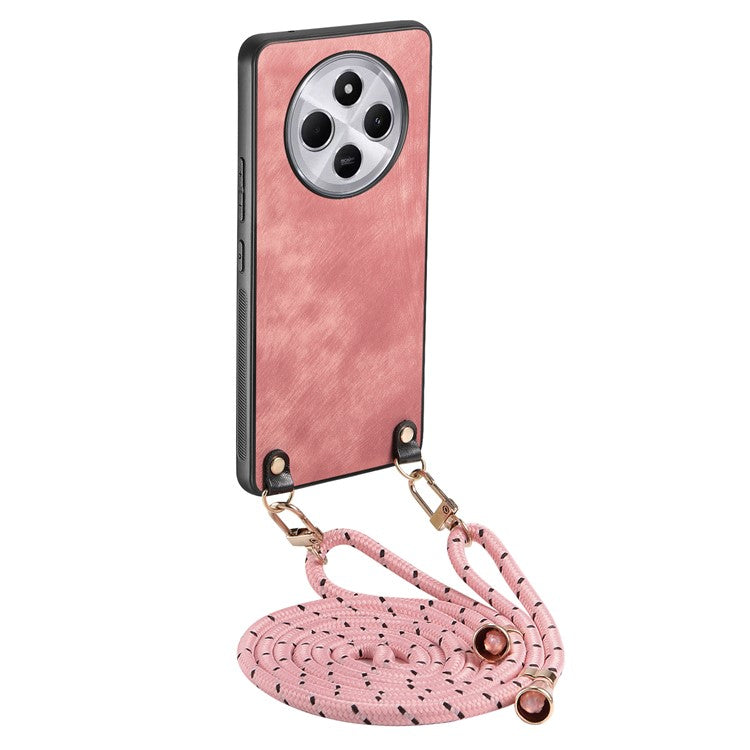 Retro Texture Phone Case For Xiaomi Redmi 14C 4G / 14R 5G / Poco C75 4G Leather Coated PC+TPU Back Cover with Hanging Rope - Pink