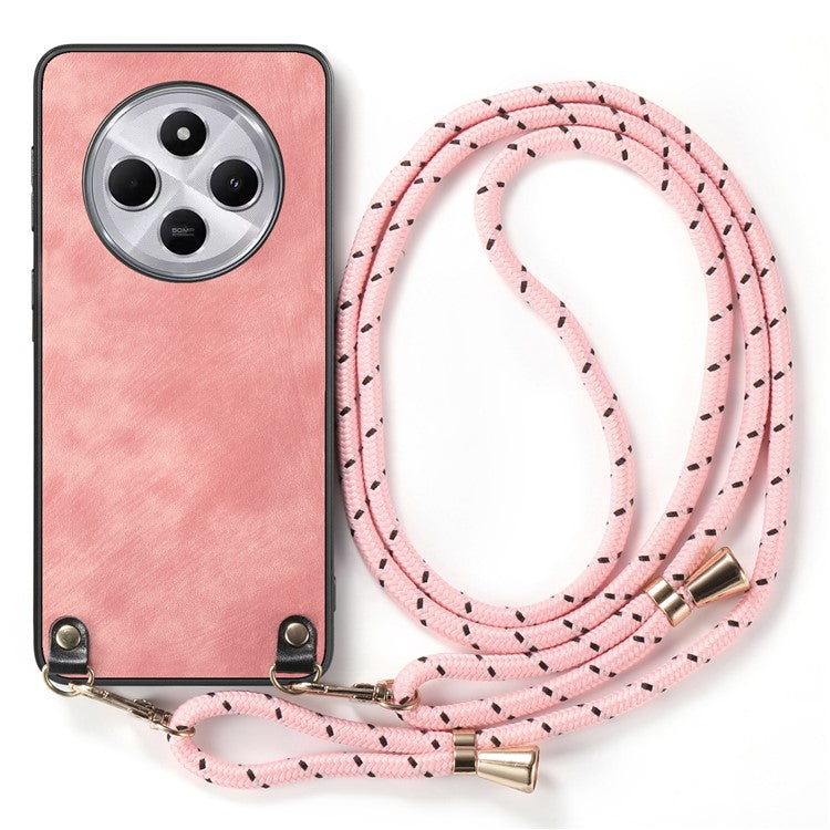 Retro Texture Phone Case For Xiaomi Redmi 14C 4G / 14R 5G / Poco C75 4G Leather Coated PC+TPU Back Cover with Hanging Rope - Pink