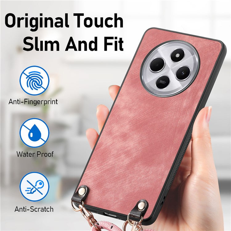 Retro Texture Phone Case For Xiaomi Redmi 14C 4G / 14R 5G / Poco C75 4G Leather Coated PC+TPU Back Cover with Hanging Rope - Pink