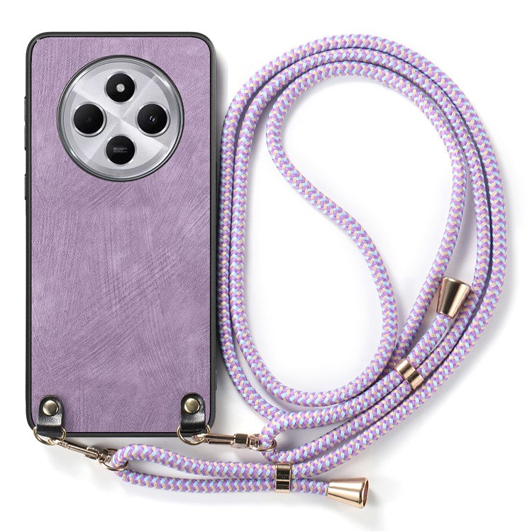 Retro Texture Phone Case For Xiaomi Redmi 14C 4G / 14R 5G / Poco C75 4G Leather Coated PC+TPU Back Cover with Hanging Rope - Purple