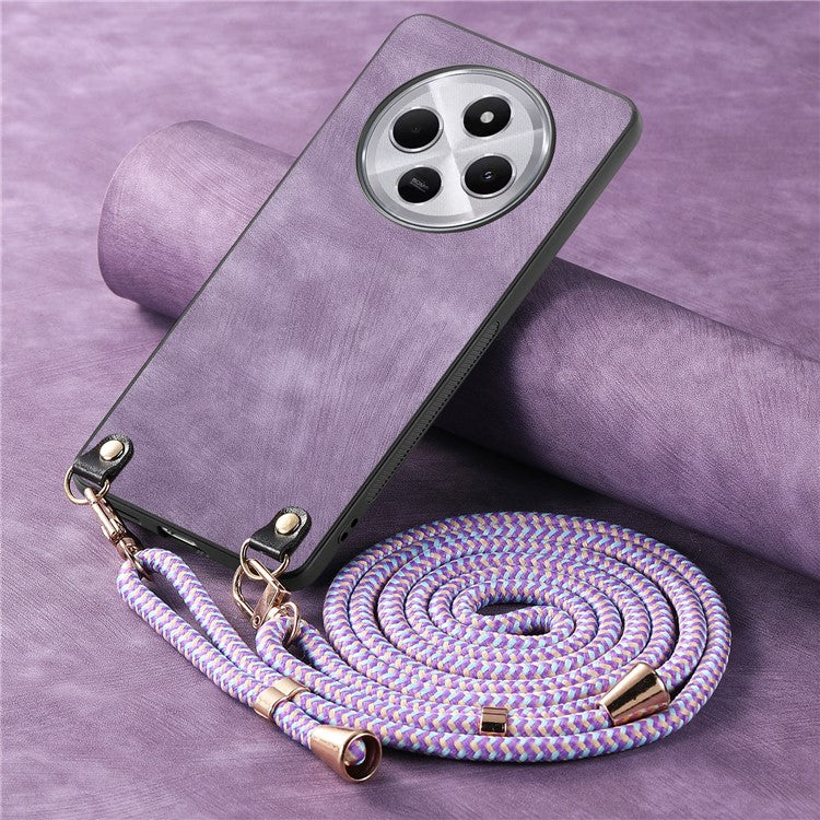 Retro Texture Phone Case For Xiaomi Redmi 14C 4G / 14R 5G / Poco C75 4G Leather Coated PC+TPU Back Cover with Hanging Rope - Purple