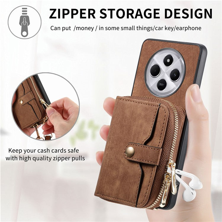 Zipper Wallet Phone Case For Xiaomi Redmi 14C 4G / 14R 5G / Poco C75 4G Leather Kickstand Back Cover with Shoulder Strap - Black