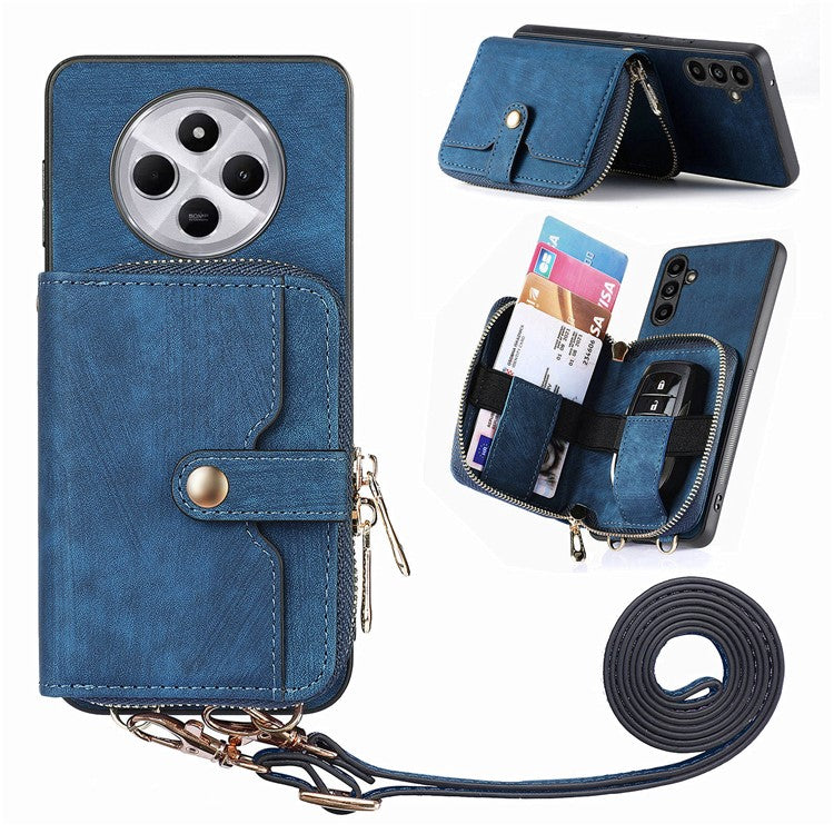 Zipper Wallet Phone Case For Xiaomi Redmi 14C 4G / 14R 5G / Poco C75 4G Leather Kickstand Back Cover with Shoulder Strap - Blue