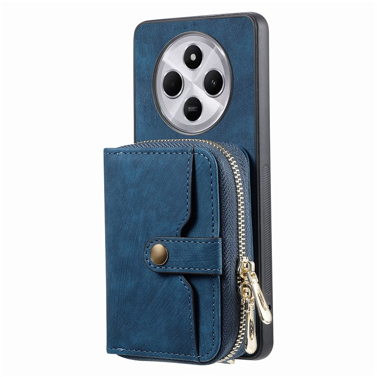 Zipper Wallet Phone Case For Xiaomi Redmi 14C 4G / 14R 5G / Poco C75 4G Leather Kickstand Back Cover with Shoulder Strap - Blue