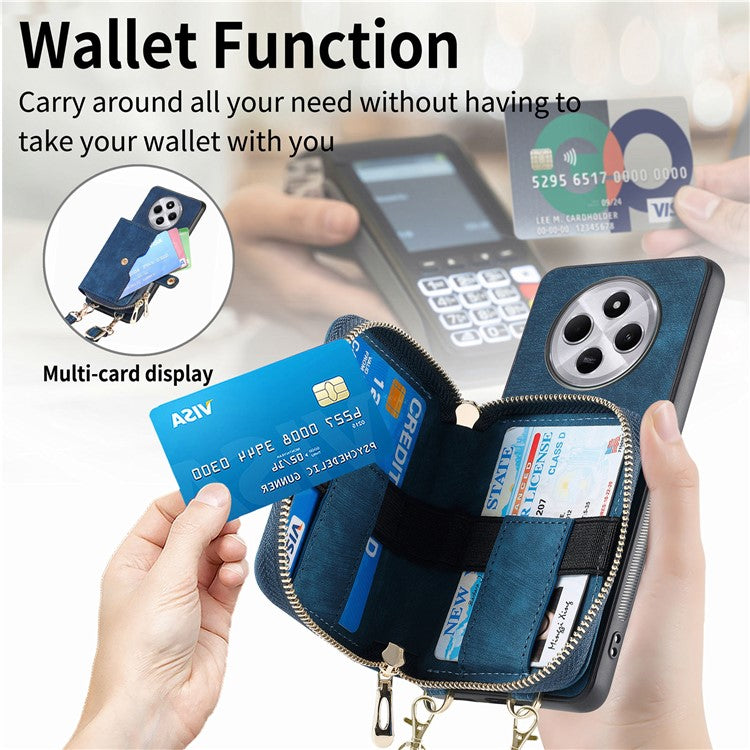 Zipper Wallet Phone Case For Xiaomi Redmi 14C 4G / 14R 5G / Poco C75 4G Leather Kickstand Back Cover with Shoulder Strap - Blue