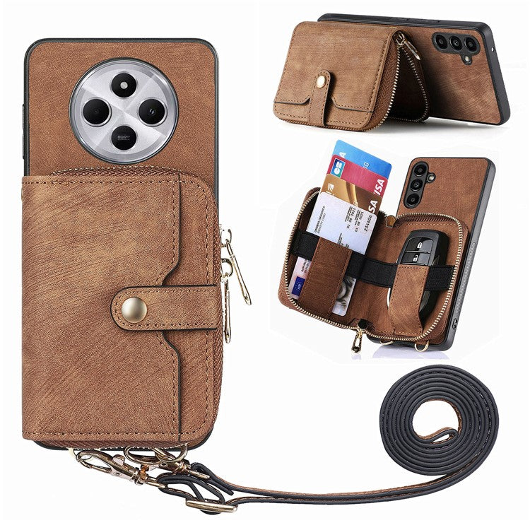 Zipper Wallet Phone Case For Xiaomi Redmi 14C 4G / 14R 5G / Poco C75 4G Leather Kickstand Back Cover with Shoulder Strap - Brown