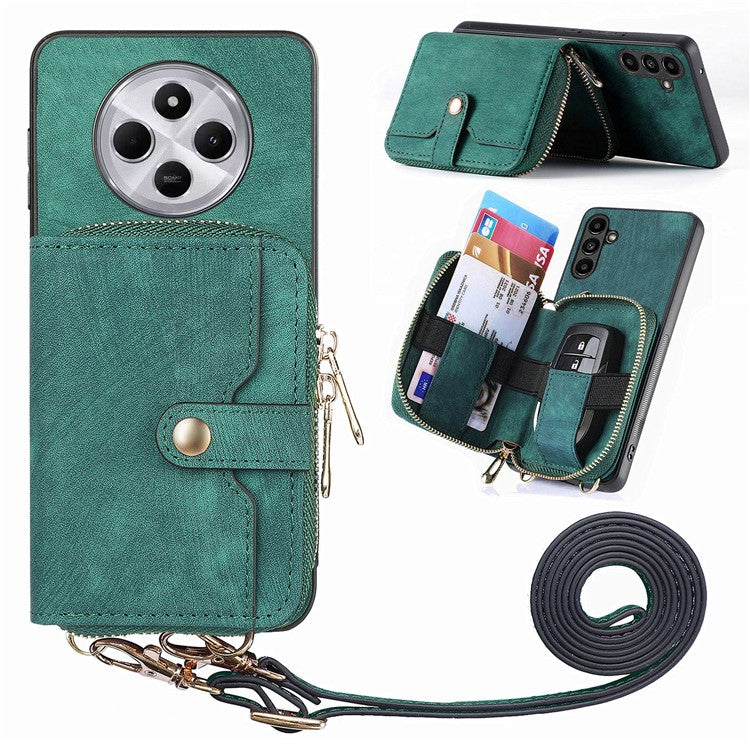 Zipper Wallet Phone Case For Xiaomi Redmi 14C 4G / 14R 5G / Poco C75 4G Leather Kickstand Back Cover with Shoulder Strap - Green