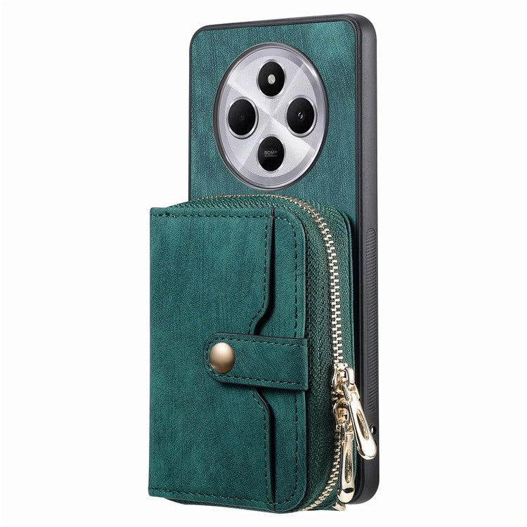 Zipper Wallet Phone Case For Xiaomi Redmi 14C 4G / 14R 5G / Poco C75 4G Leather Kickstand Back Cover with Shoulder Strap - Green