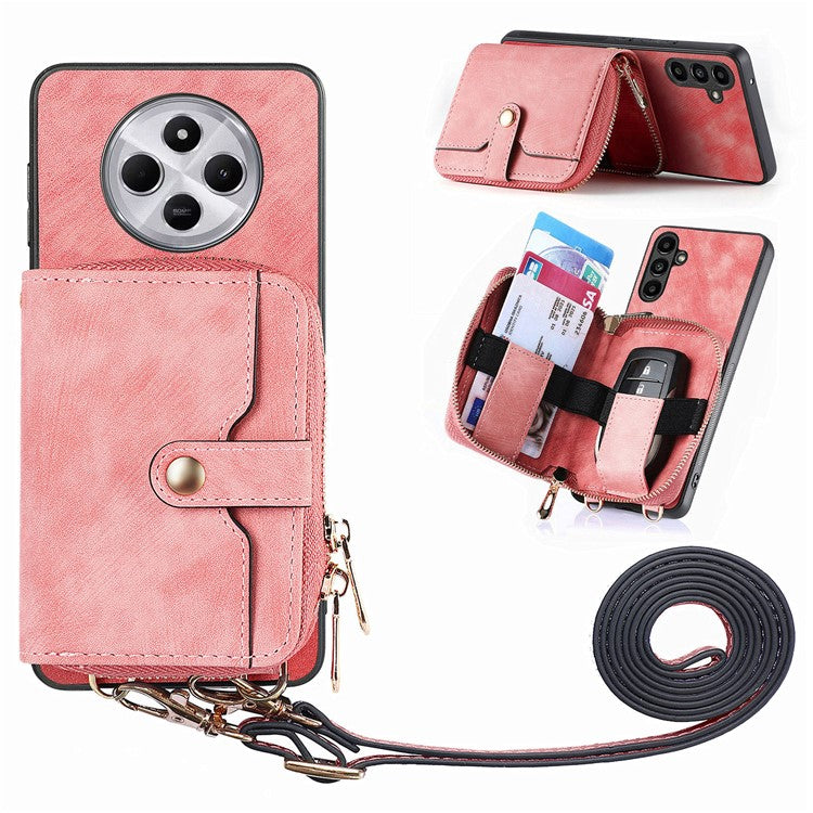 Zipper Wallet Phone Case For Xiaomi Redmi 14C 4G / 14R 5G / Poco C75 4G Leather Kickstand Back Cover with Shoulder Strap - Pink