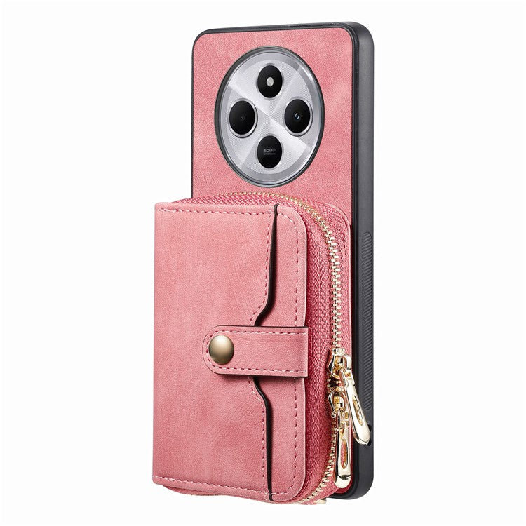 Zipper Wallet Phone Case For Xiaomi Redmi 14C 4G / 14R 5G / Poco C75 4G Leather Kickstand Back Cover with Shoulder Strap - Pink