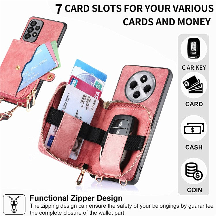 Zipper Wallet Phone Case For Xiaomi Redmi 14C 4G / 14R 5G / Poco C75 4G Leather Kickstand Back Cover with Shoulder Strap - Pink