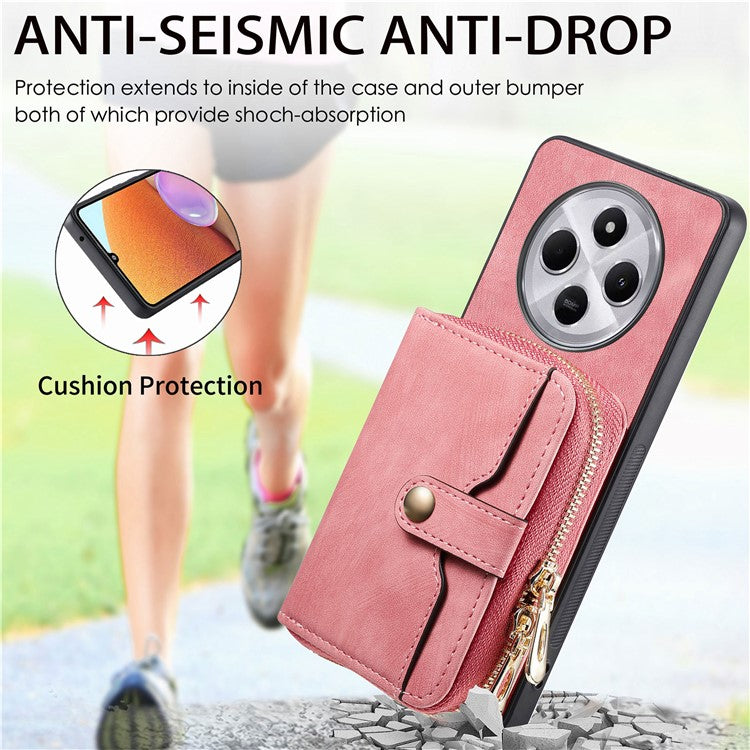 Zipper Wallet Phone Case For Xiaomi Redmi 14C 4G / 14R 5G / Poco C75 4G Leather Kickstand Back Cover with Shoulder Strap - Pink