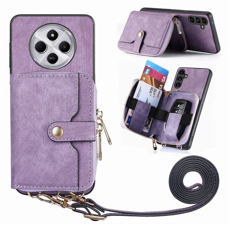 Zipper Wallet Phone Case For Xiaomi Redmi 14C 4G / 14R 5G / Poco C75 4G Leather Kickstand Back Cover with Shoulder Strap - Purple