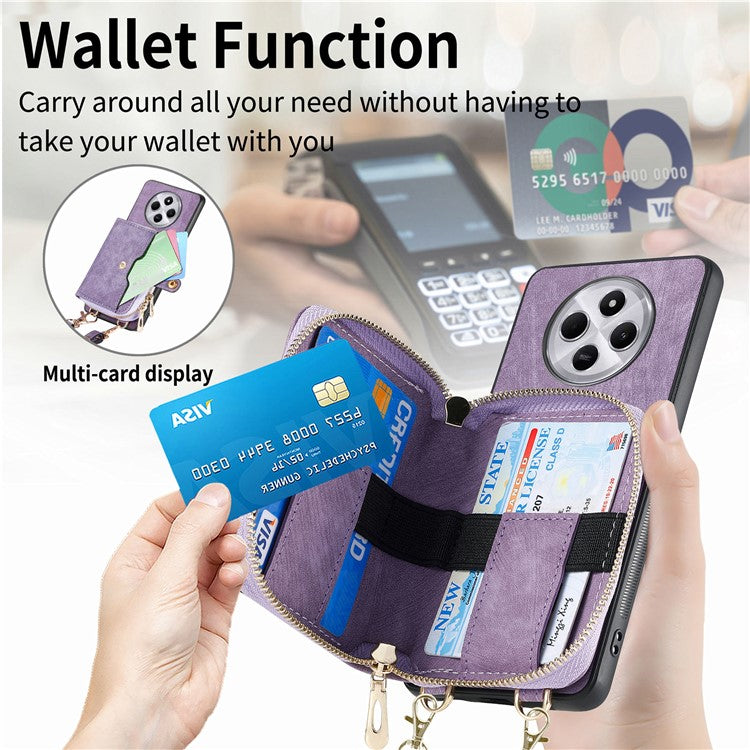 Zipper Wallet Phone Case For Xiaomi Redmi 14C 4G / 14R 5G / Poco C75 4G Leather Kickstand Back Cover with Shoulder Strap - Purple