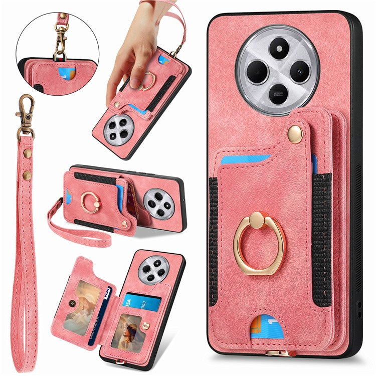 RFID Blocking Case For Xiaomi Redmi 14C 4G / 14R 5G / Poco C75 4G Handbag Leather+TPU Phone Cover Card Slots, Ring Holder - Pink