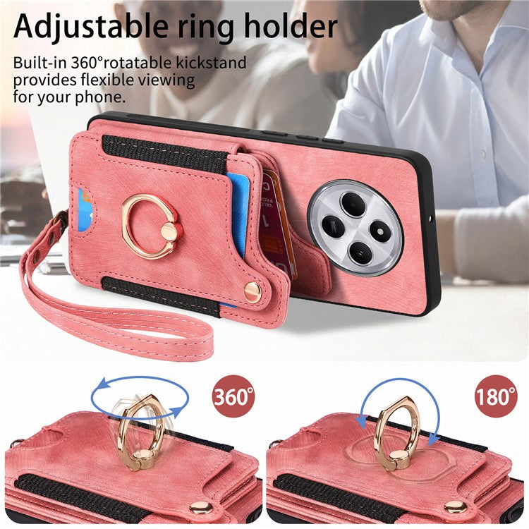 RFID Blocking Case For Xiaomi Redmi 14C 4G / 14R 5G / Poco C75 4G Handbag Leather+TPU Phone Cover Card Slots, Ring Holder - Pink