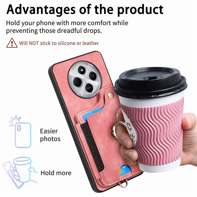 RFID Blocking Case For Xiaomi Redmi 14C 4G / 14R 5G / Poco C75 4G Handbag Leather+TPU Phone Cover Card Slots, Ring Holder - Pink