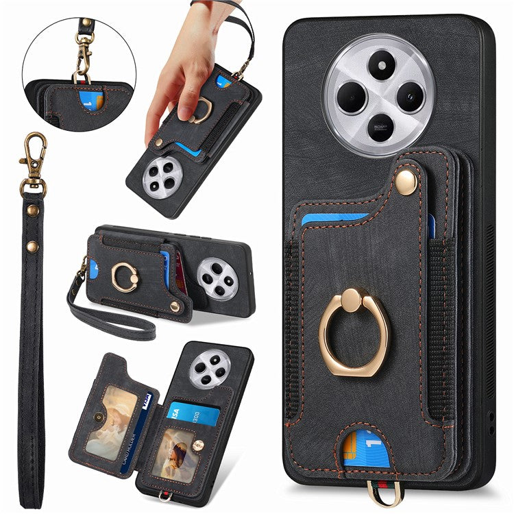 RFID Blocking Case For Xiaomi Redmi 14C 4G / 14R 5G / Poco C75 4G Handbag Leather+TPU Phone Cover Card Slots, Ring Holder - Black