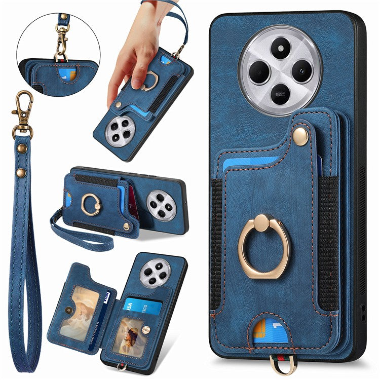 RFID Blocking Case For Xiaomi Redmi 14C 4G / 14R 5G / Poco C75 4G Handbag Leather+TPU Phone Cover Card Slots, Ring Holder - Blue