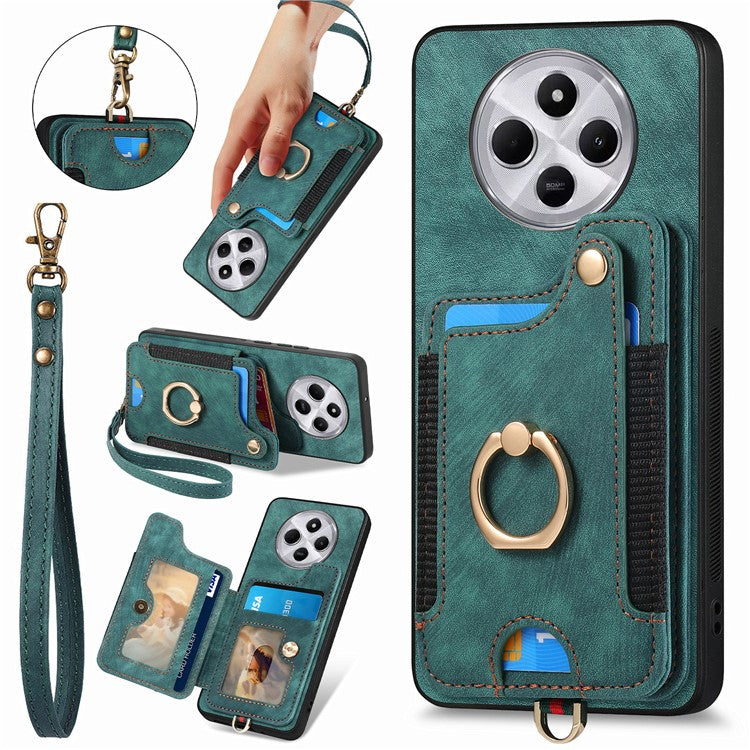 RFID Blocking Case For Xiaomi Redmi 14C 4G / 14R 5G / Poco C75 4G Handbag Leather+TPU Phone Cover Card Slots, Ring Holder - Green