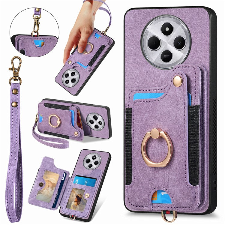 RFID Blocking Case For Xiaomi Redmi 14C 4G / 14R 5G / Poco C75 4G Handbag Leather+TPU Phone Cover Card Slots, Ring Holder - Purple