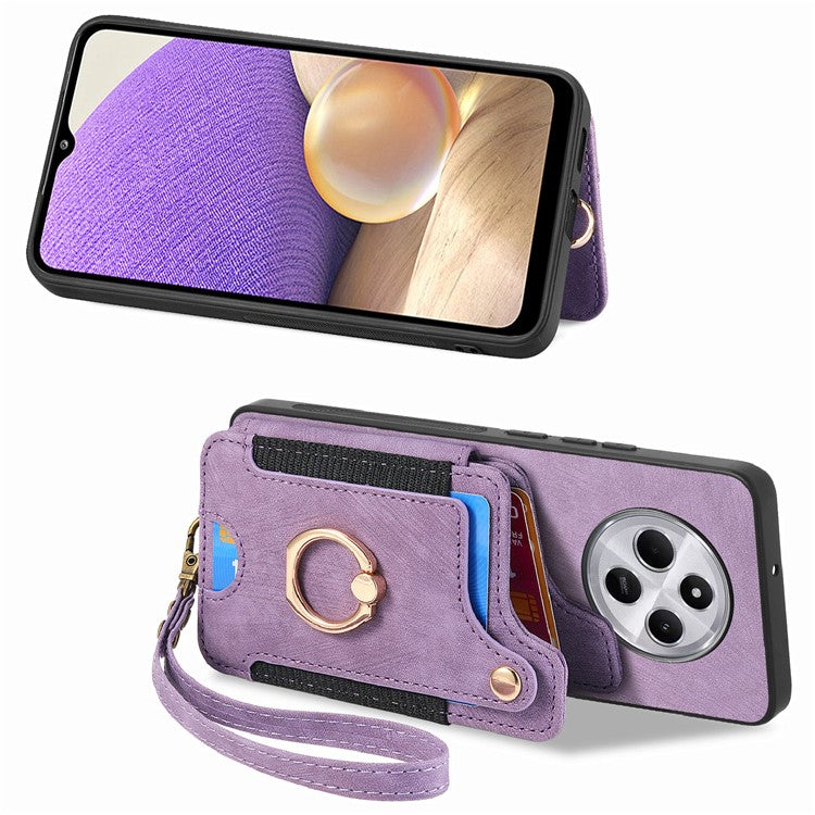 RFID Blocking Case For Xiaomi Redmi 14C 4G / 14R 5G / Poco C75 4G Handbag Leather+TPU Phone Cover Card Slots, Ring Holder - Purple