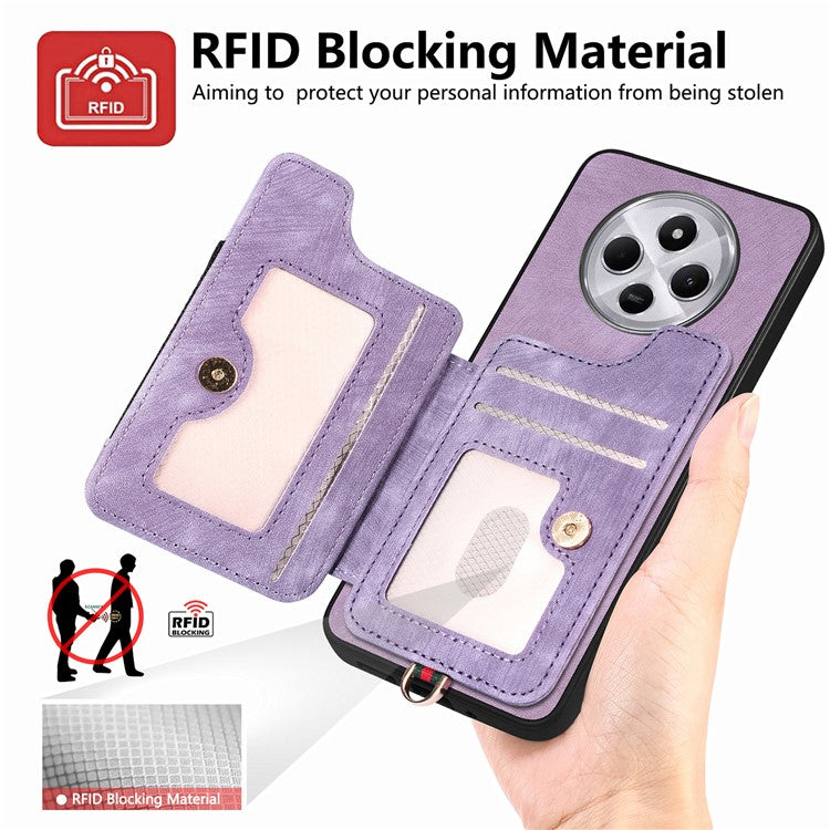 RFID Blocking Case For Xiaomi Redmi 14C 4G / 14R 5G / Poco C75 4G Handbag Leather+TPU Phone Cover Card Slots, Ring Holder - Purple