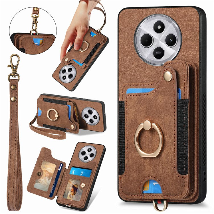 RFID Blocking Case For Xiaomi Redmi 14C 4G / 14R 5G / Poco C75 4G Handbag Leather+TPU Phone Cover Card Slots, Ring Holder - Brown