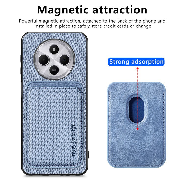 Phone Case For Xiaomi Redmi 14C 4G / 14R 5G / Poco C75 4G Carbon Fiber Leather Back Cover with Detachable Card Bag - Blue