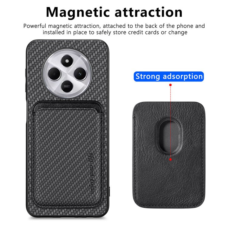 Phone Case For Xiaomi Redmi 14C 4G / 14R 5G / Poco C75 4G Carbon Fiber Leather Back Cover with Detachable Card Bag - Black