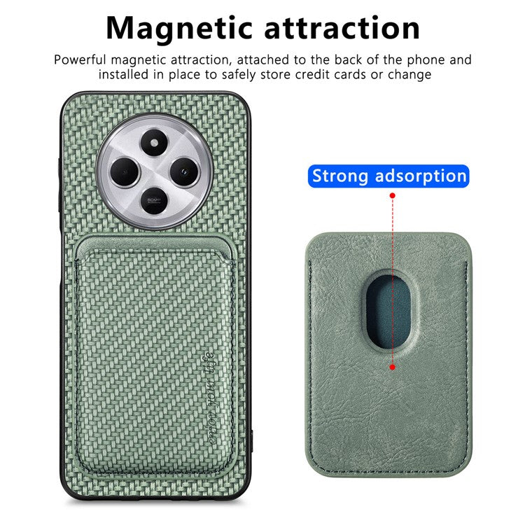 Phone Case For Xiaomi Redmi 14C 4G / 14R 5G / Poco C75 4G Carbon Fiber Leather Back Cover with Detachable Card Bag - Green