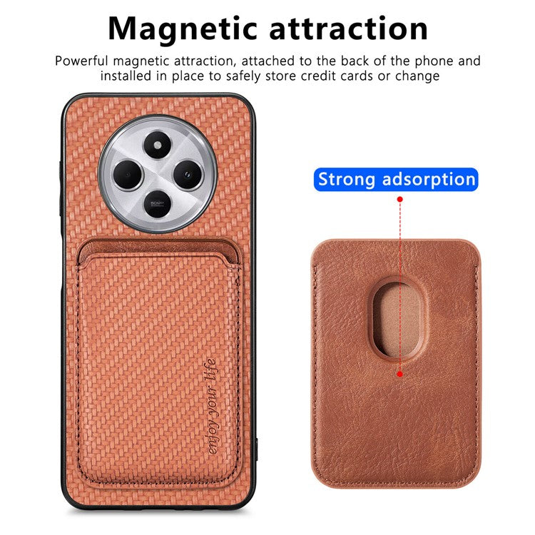 Phone Case For Xiaomi Redmi 14C 4G / 14R 5G / Poco C75 4G Carbon Fiber Leather Back Cover with Detachable Card Bag - Brown